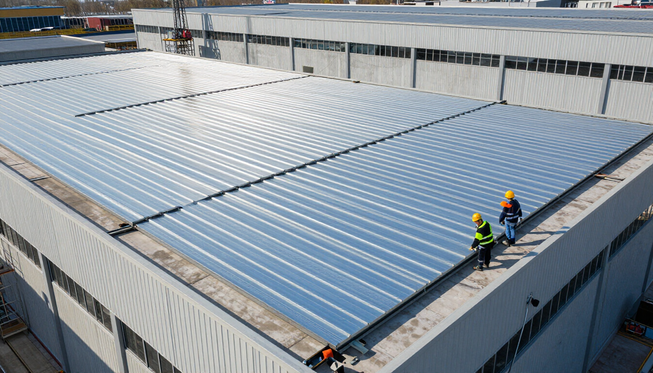 Trabajadores inspeccionando hileras de paneles solares azules en el tejado de una gran nave industrial