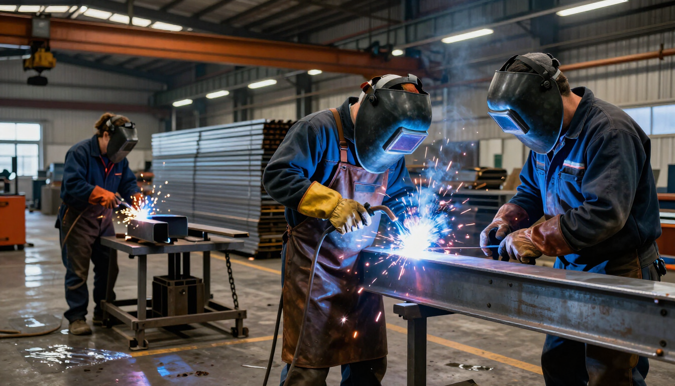 Trabajadores soldando vigas de metal en un taller, con brillantes chispas azules saltando por todas partes.