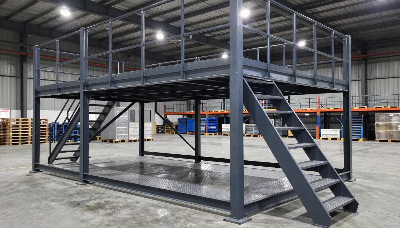 Plataforma industrial gris tipo entreplanta con escaleras en un almacén