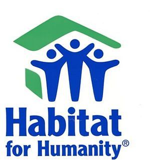 The Habitat for Humanity logo: a green roof sheltering three blue stylized figures with arms raised, above the organization's name.