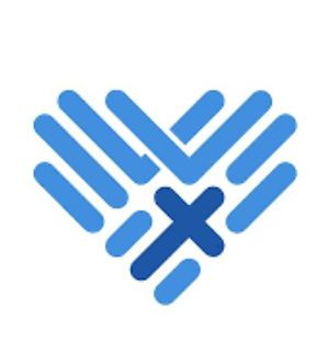 A blue heart-shaped logo formed by diagonal lines, with a darker blue cross integrated into the lower right side.