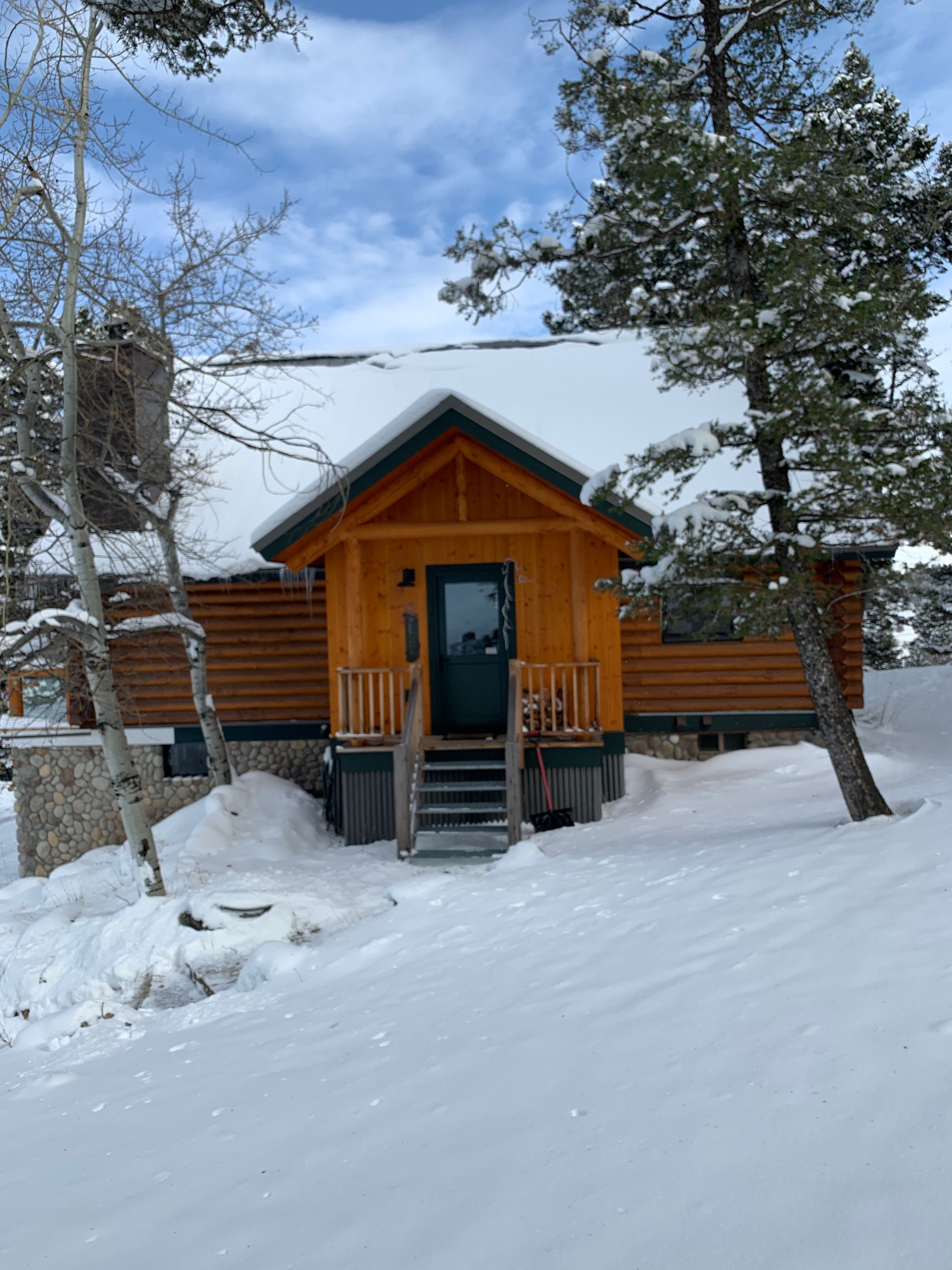 A small, wooden log cabin with a dark door sits on a snowy landscape, surrounded by pine trees under a cloudy sky.