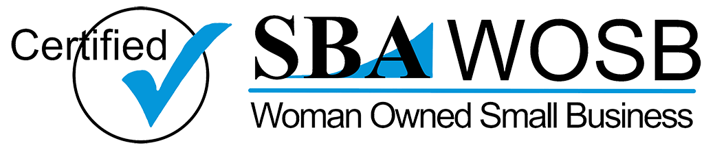 SBA Certified Woman Owned Small Business (WOSB) logo with a blue checkmark inside a circle.