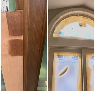 A split image showing a wooden surface with test stain patches next to an arched window masked with 3M protective film.