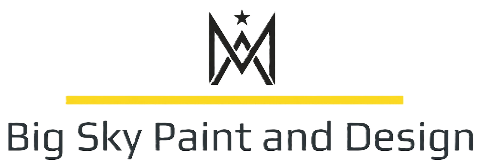 Logo for Big Sky Paint and Design featuring a black star-crowned M symbol above a yellow line and black text.