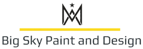 Logo for Big Sky Paint and Design featuring a black star-crowned M symbol above a yellow line and black text.