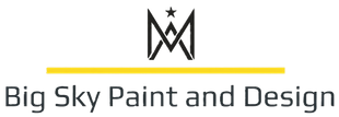 Logo for Big Sky Paint and Design featuring a black star-crowned M symbol above a yellow line and black text.