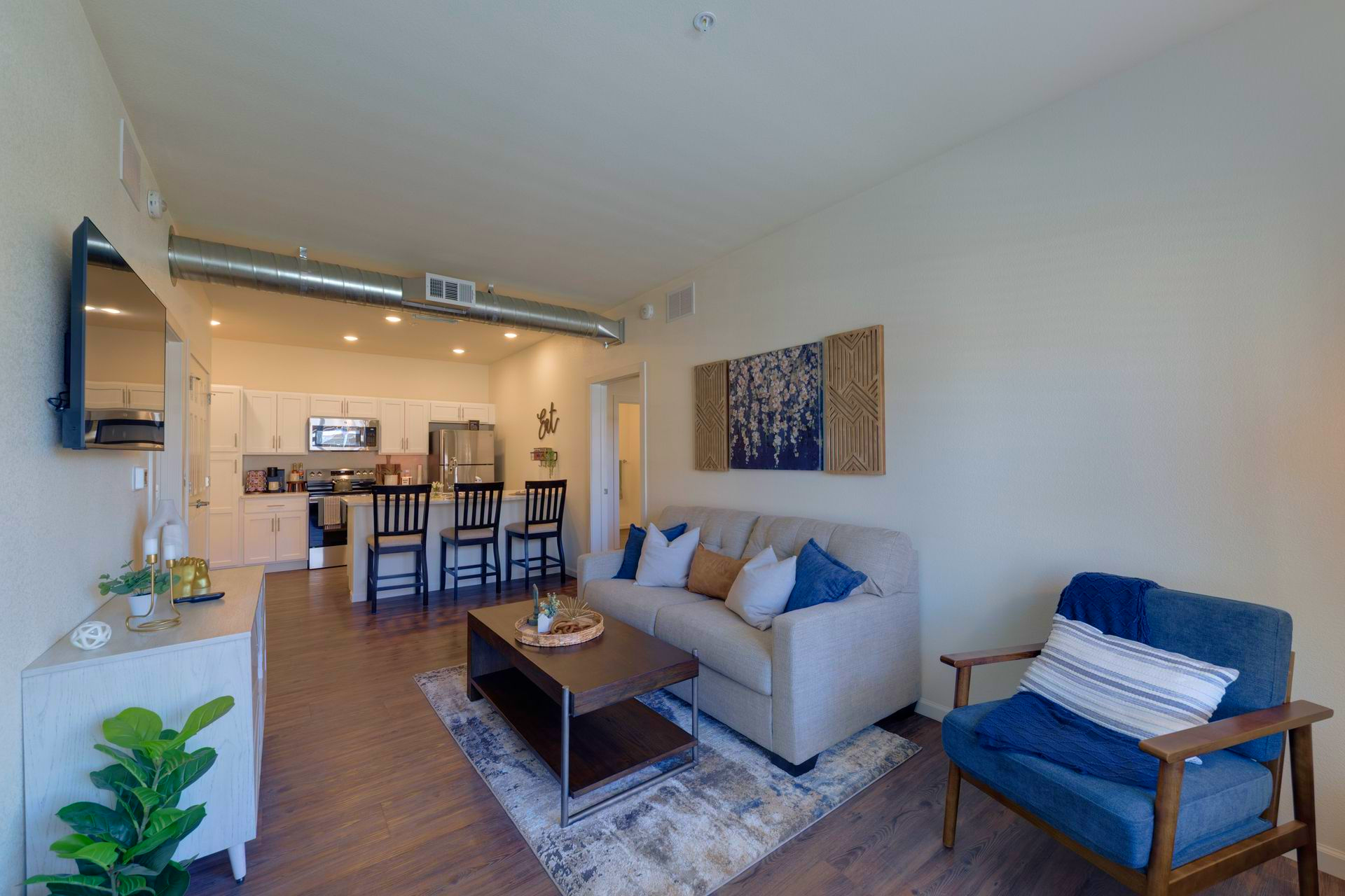 Living room with sofa, armchair, coffee table, and open kitchen.