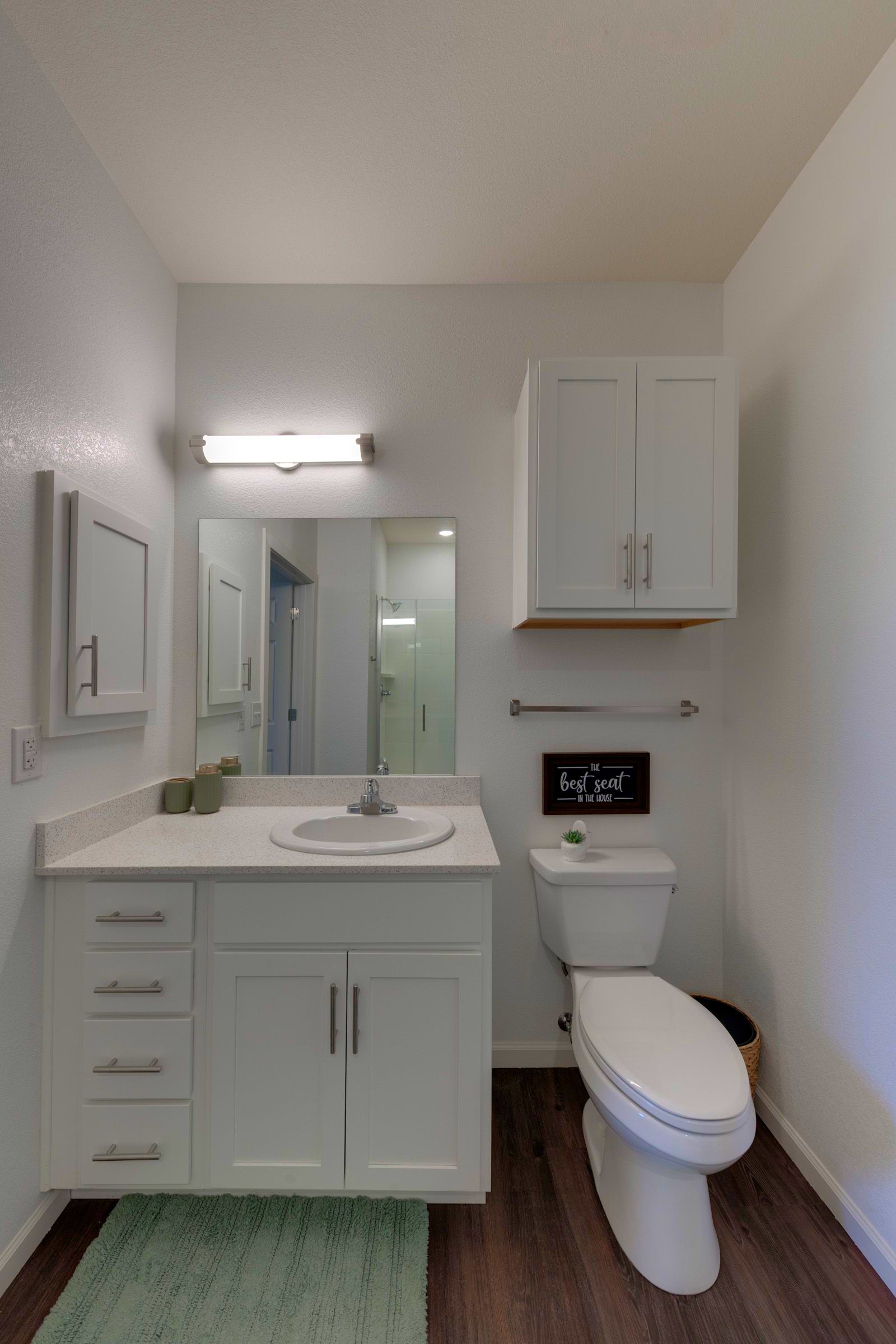 White bathroom with vanity, toilet, and wall cabinet. Light green rug on wood floor.