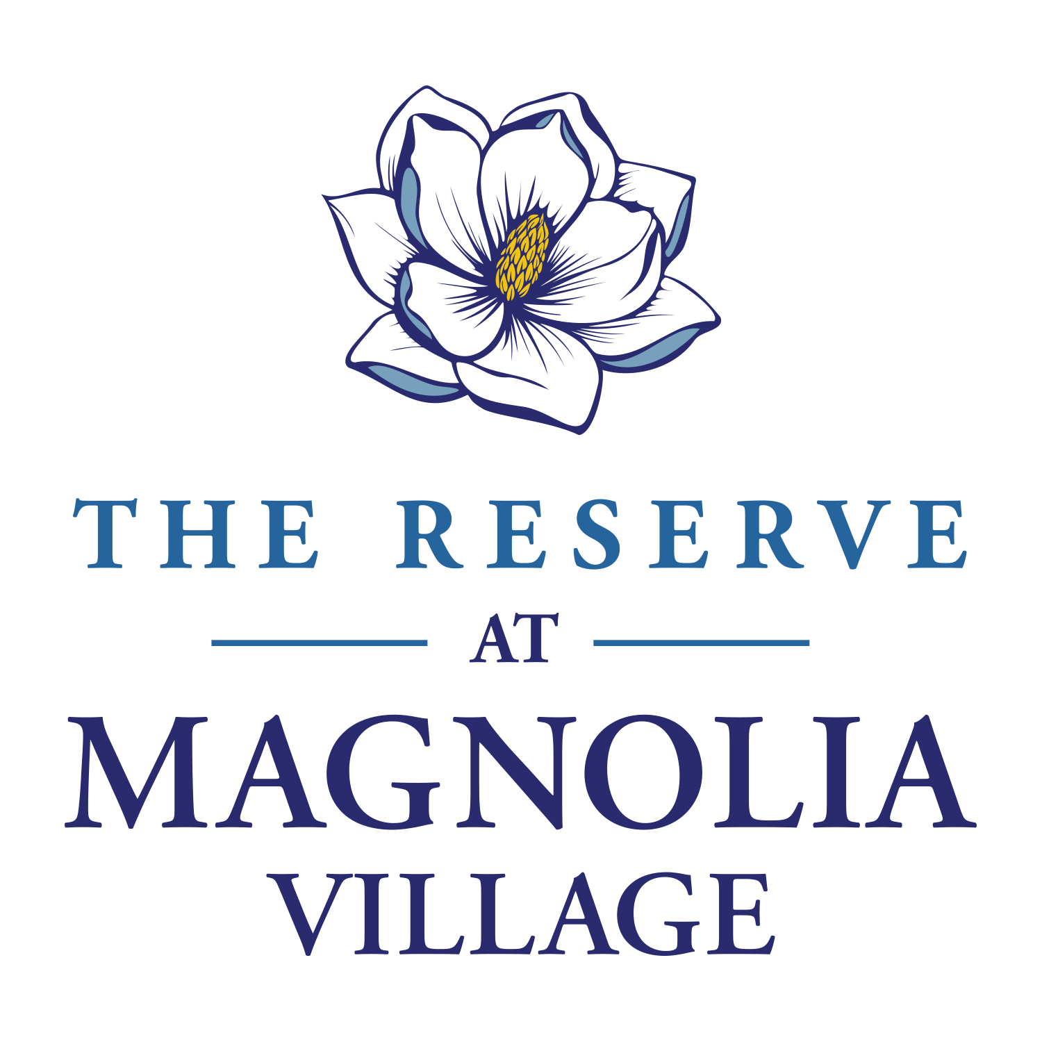 The logo for reserve at magnolia village has a magnolia flower on it.