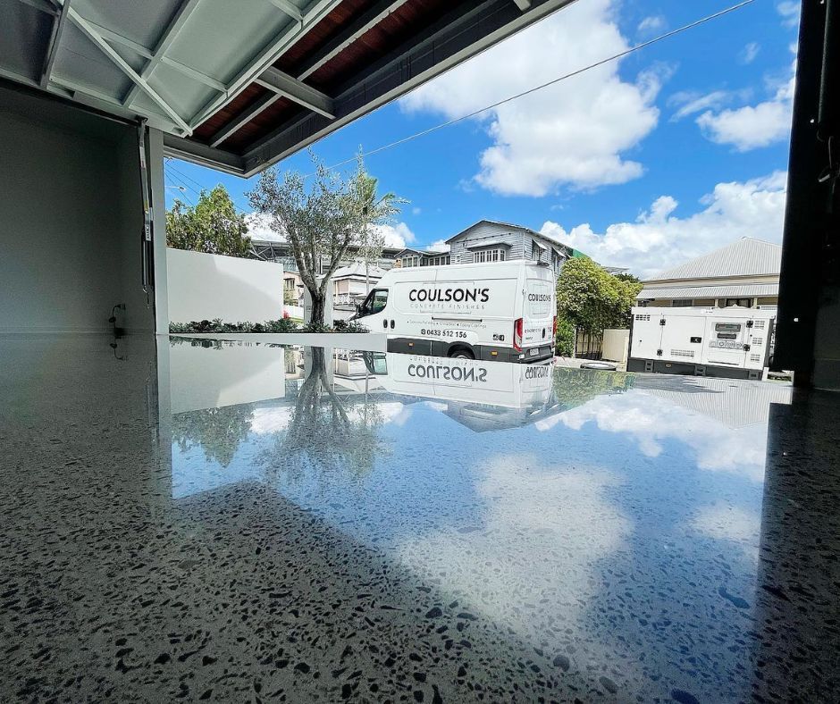 Polished concrete surface of a garage floor