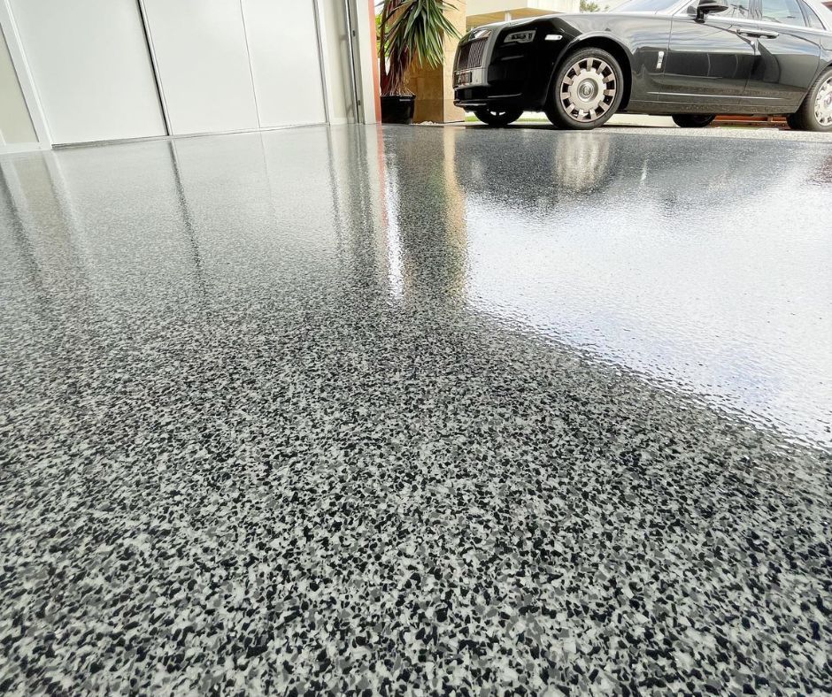 Garage makeover featuring epoxy flooring by Coulson’s Concrete Finishes