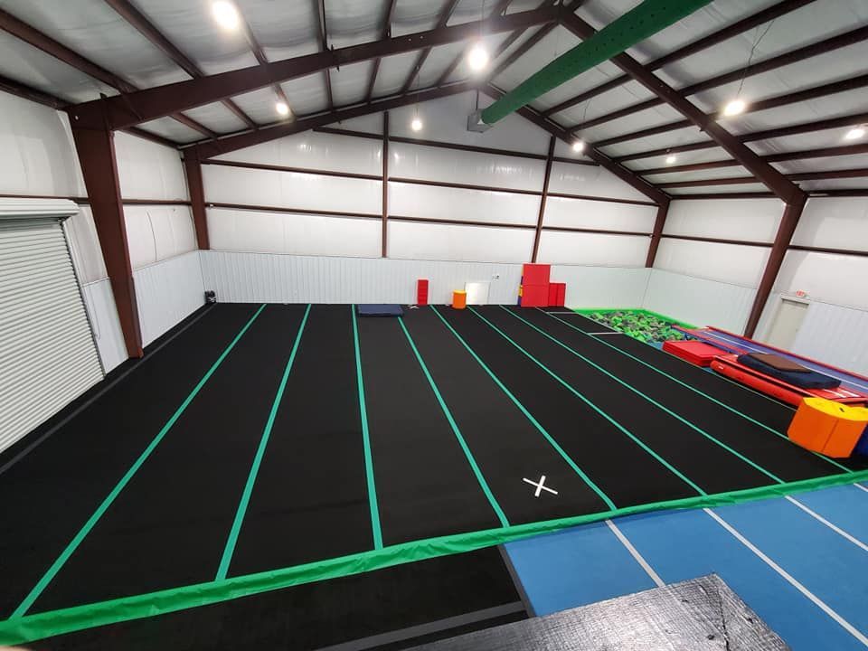 A large gym with green lines on the floor