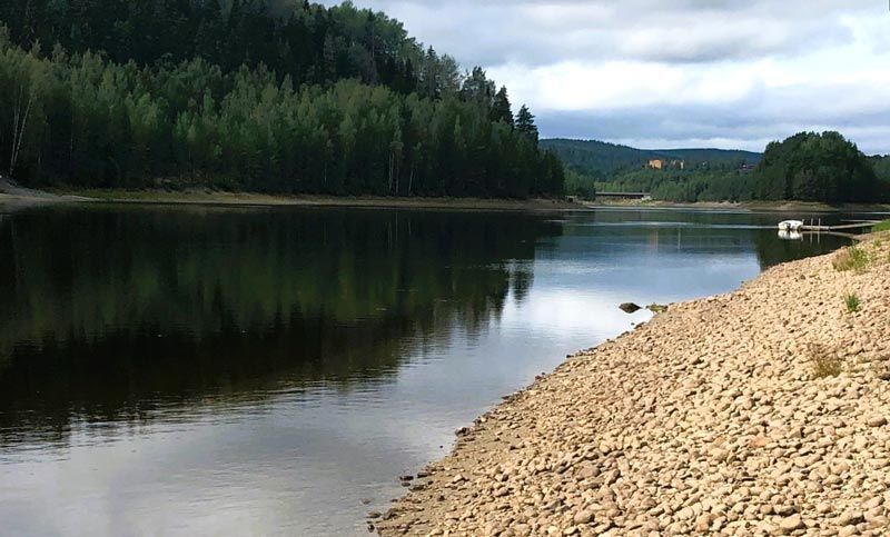 Calm lake with rocky shore, bordered by dense forest. Overcast sky.