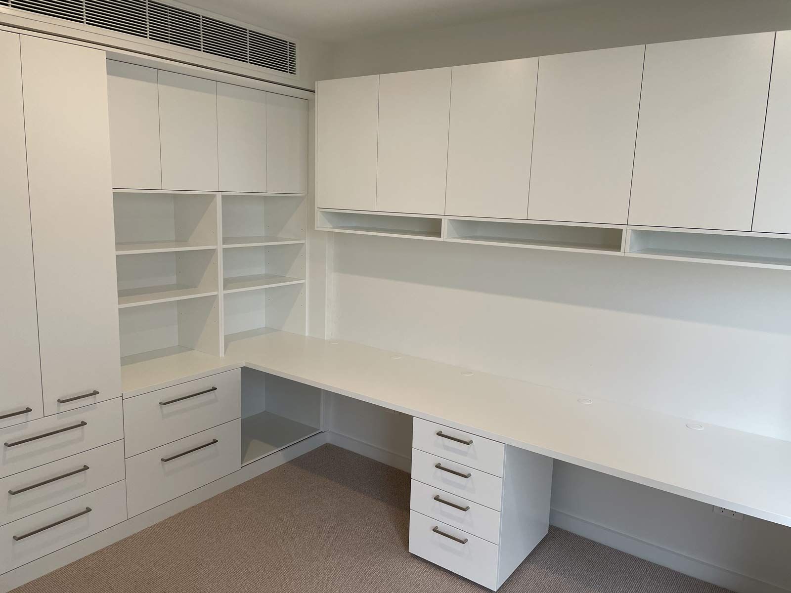 White Home Office With Built-in Desk, Cabinets, and Drawers — Norrland in Warners Bay, NSW