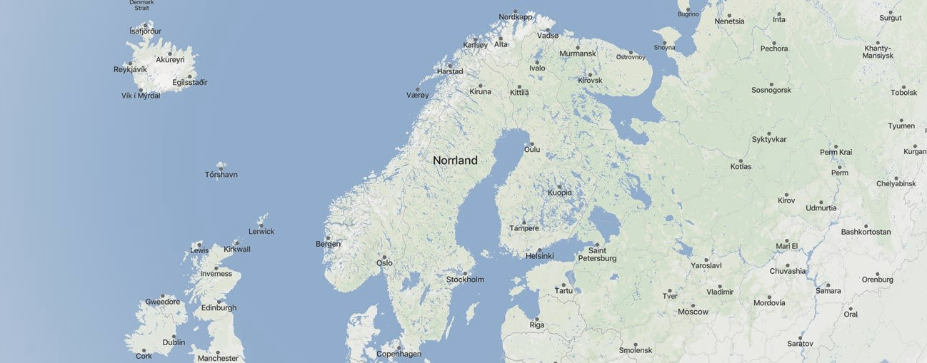 Map of northern Scandinavia with many place labels and surrounding seas