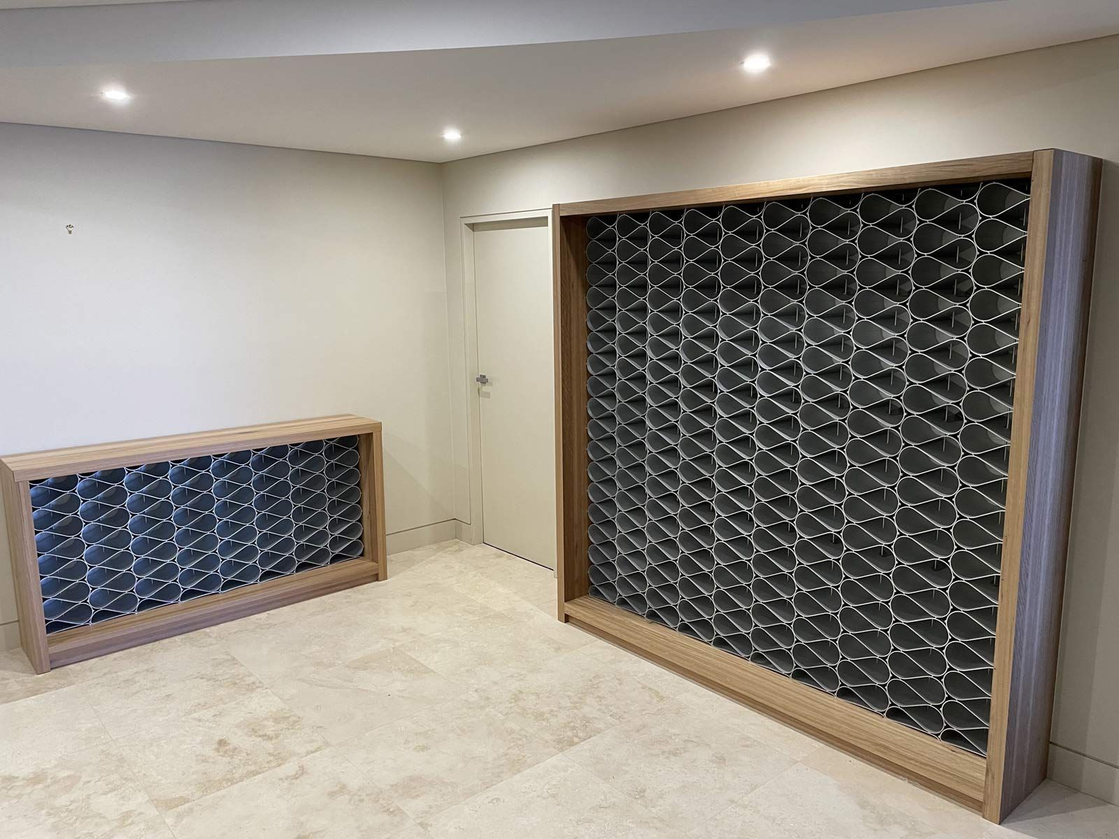 Two Wooden Wine Racks With Geometric Storage in a Room — Norrland in Warners Bay, NSW