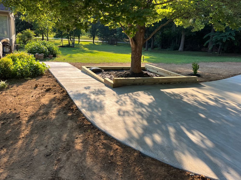 A concrete walkway leads to a wooden raised planter box surrounding a tree in a sunny, grass-covered yard.