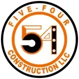 A circular logo for Five-Four Construction LLC featuring a stylized black and orange number 54 with gear-like edges.