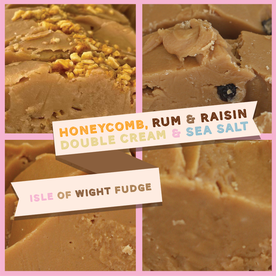 A box of honeycomb rum and raisin double cream and sea salt fudge