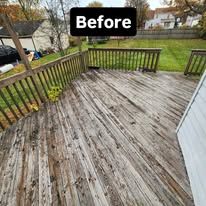 Weathered wooden deck labeled “Before,” with railings and a grassy yard beyond.