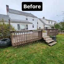 Back deck and steps on a white house, labeled “Before”