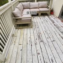 Weathered white deck with a beige sectional sofa and “BEFORE” text near the top center.