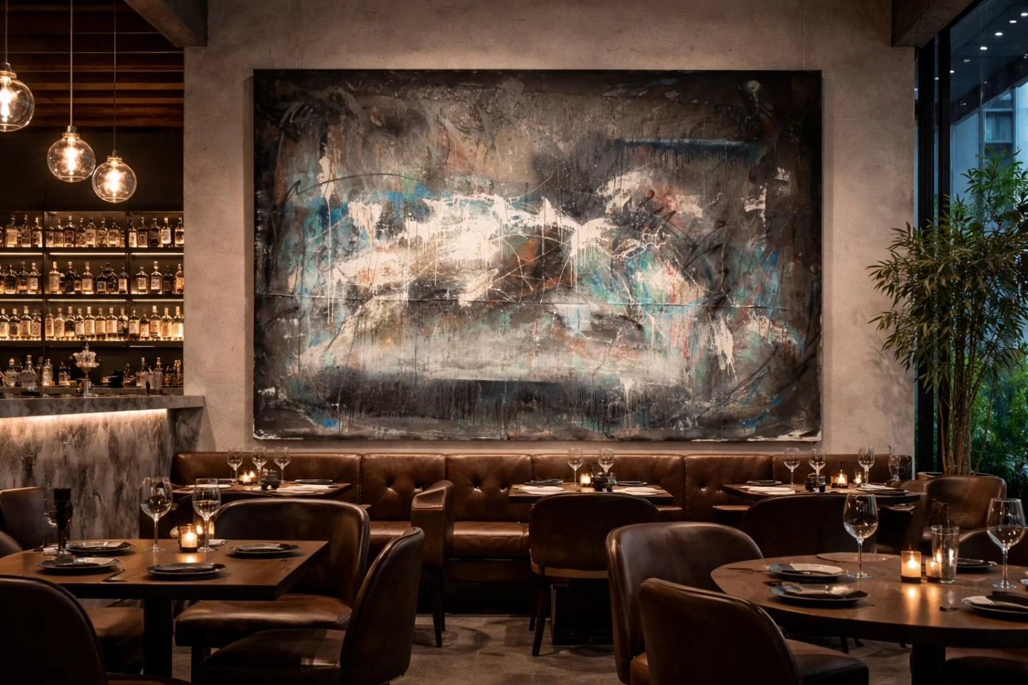 Dimly lit upscale restaurant with leather seating, candlelit tables, and a large abstract painting on the wall