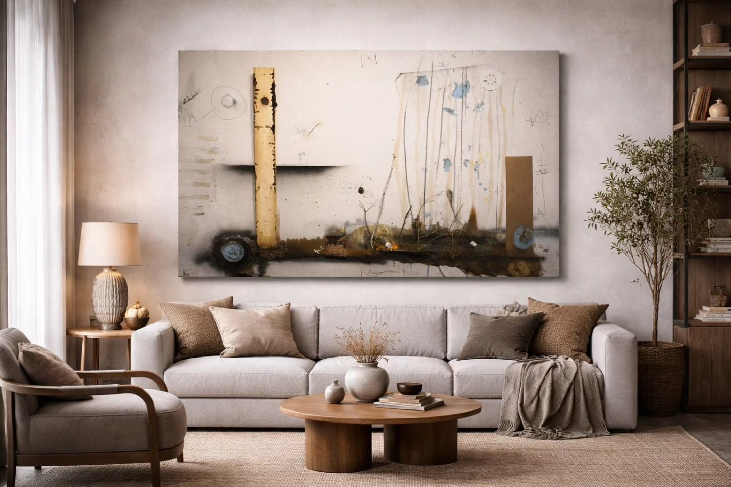 Neutral-toned living room with beige sofa, round wooden coffee table, floor lamp, and large abstract wall art.