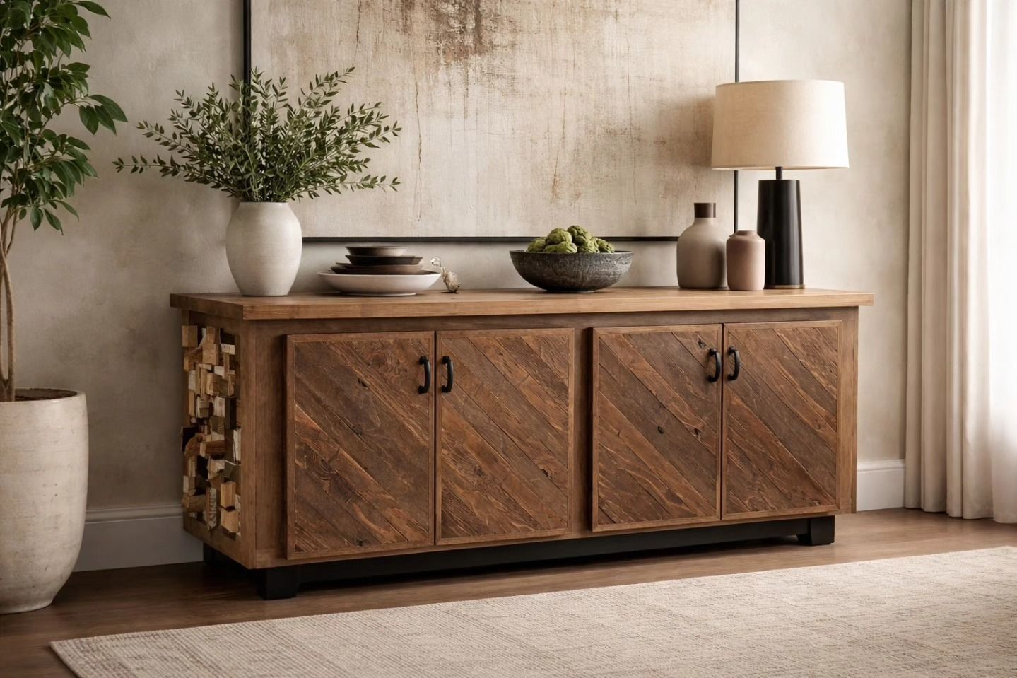 Rustic wooden sideboard in a beige living room, topped with plants, bowls, and a lamp.