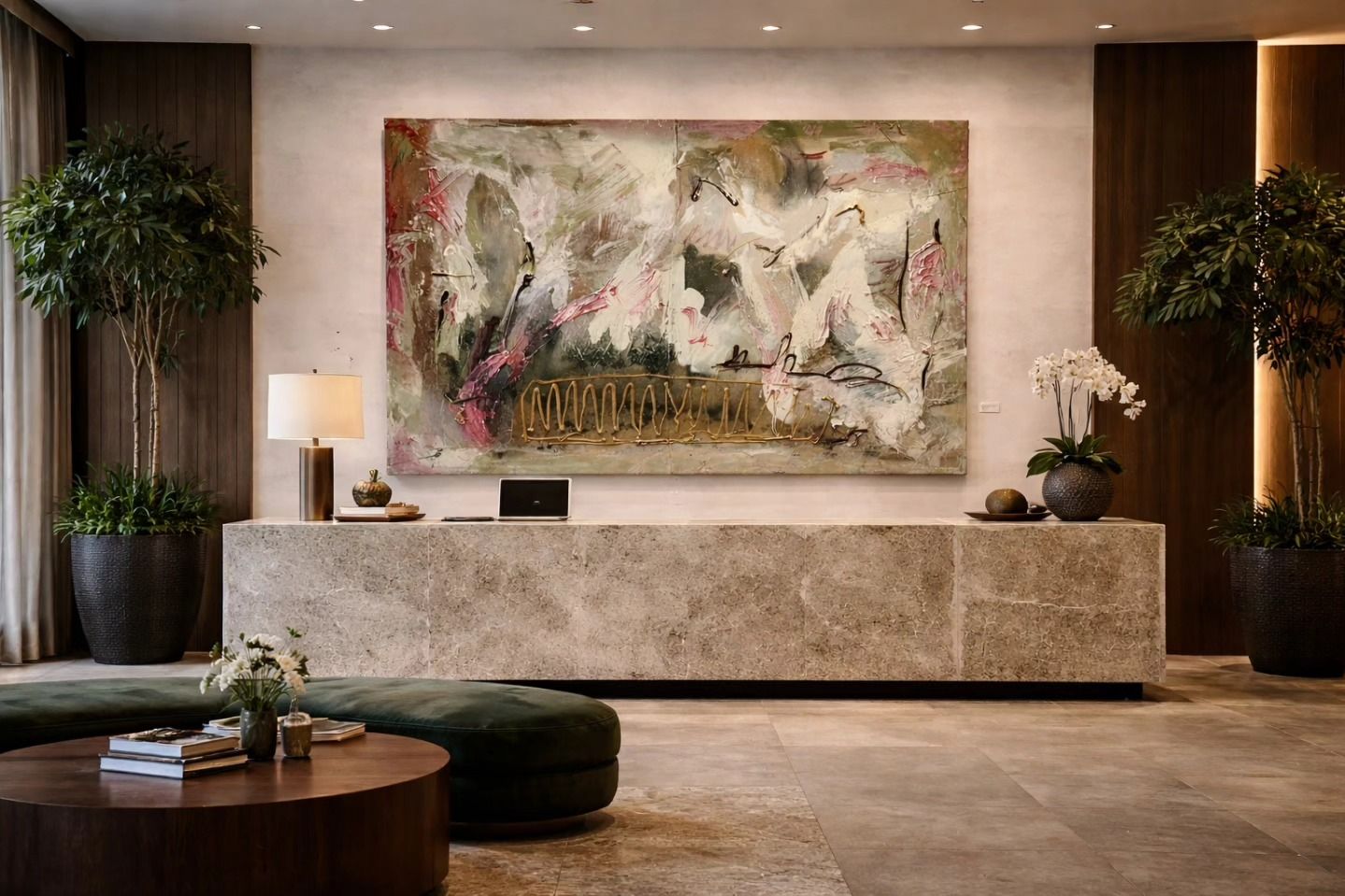 Modern hotel lobby with abstract wall art, stone reception desk, warm lighting, and potted plants