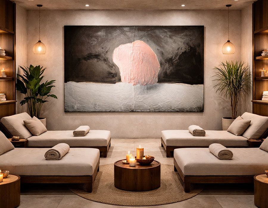 Luxurious spa lounge with beige chaise lounges, candles, and a large abstract wall art piece