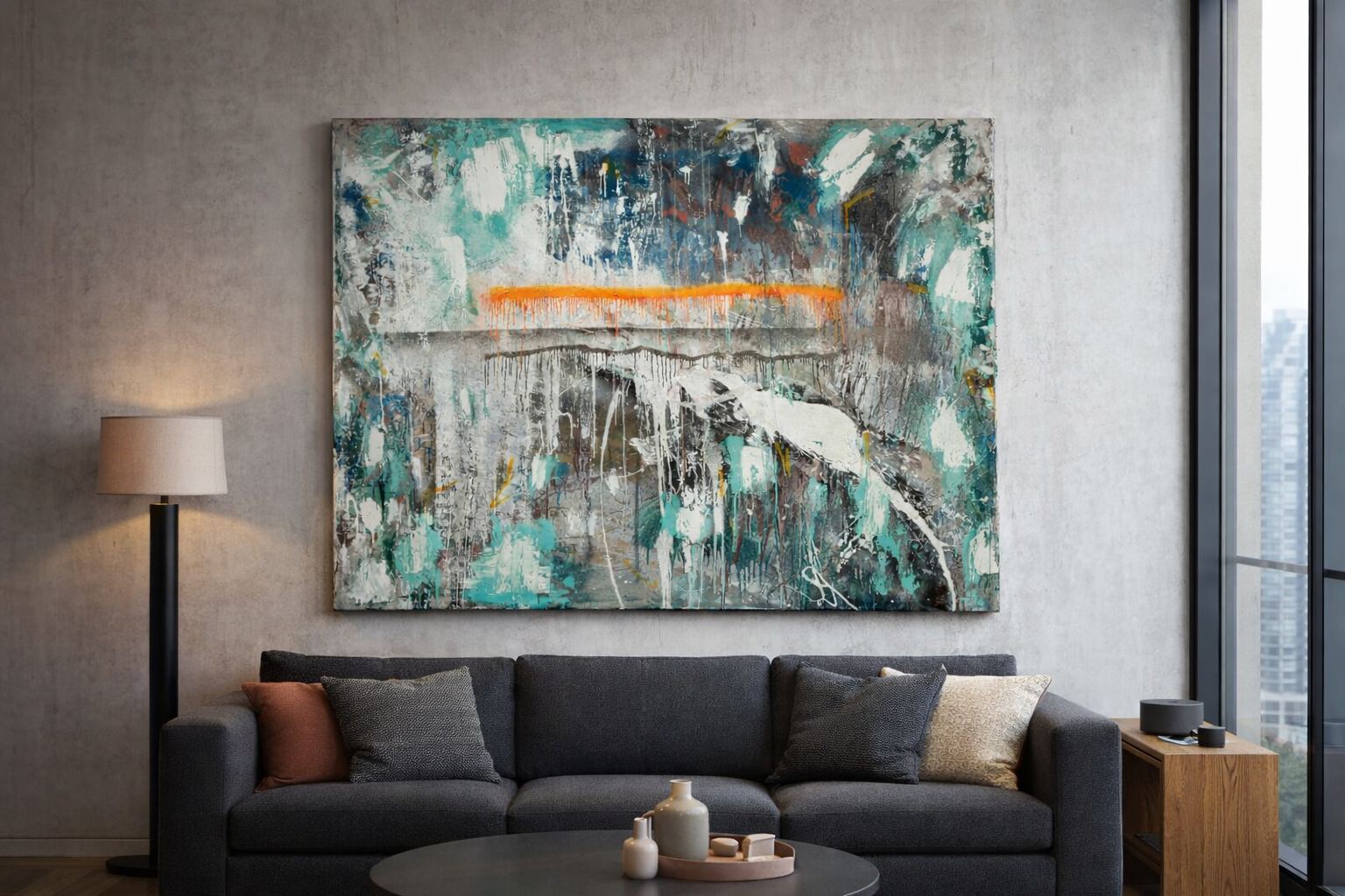 Modern living room with abstract teal and orange wall art, gray sofa, floor lamp, and city view window