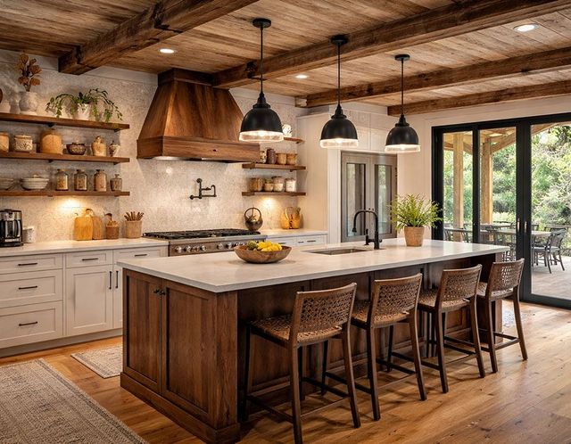 Warm rustic kitchen with wood island, hanging pendant lights, open shelves, and large windows looking outside
