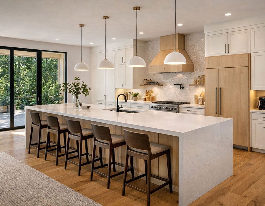 Bright modern kitchen with white island, pendant lights, wood stools, and large sliding glass doors