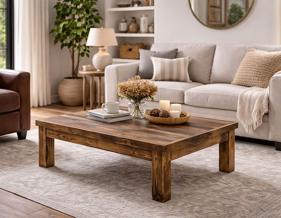 A rustic wooden coffee table centered on a light patterned rug in a bright, modern living room with a sofa and decor.
