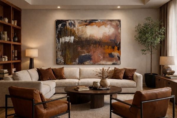 Modern living room with beige sectional sofa, abstract wall art, and warm lighting