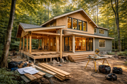 Green tiny house under construction with ladder outside in a wooded yard