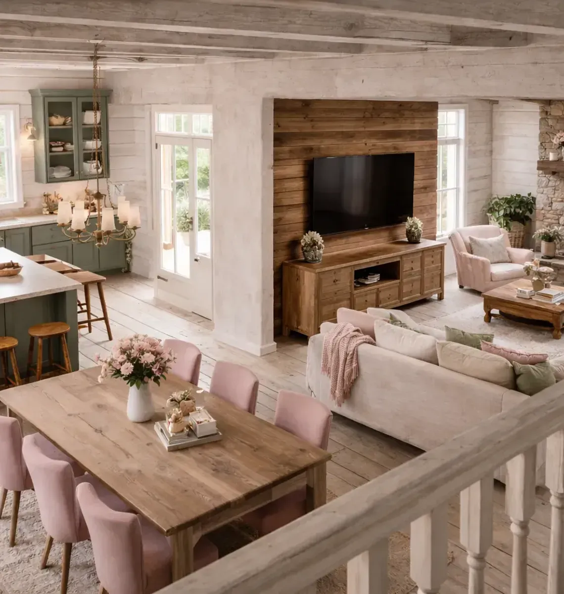 Cozy farmhouse living room and kitchen with beige sofas, wood table, fireplace, and soft pink accents