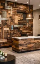 Rustic living room with abstract blue wall art, wooden coffee table, sideboard, lamp, and leather chair