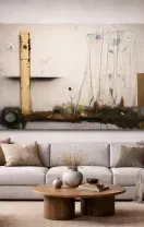 Cozy living room with beige sofa, round wooden coffee table, lamp, and large abstract wall art