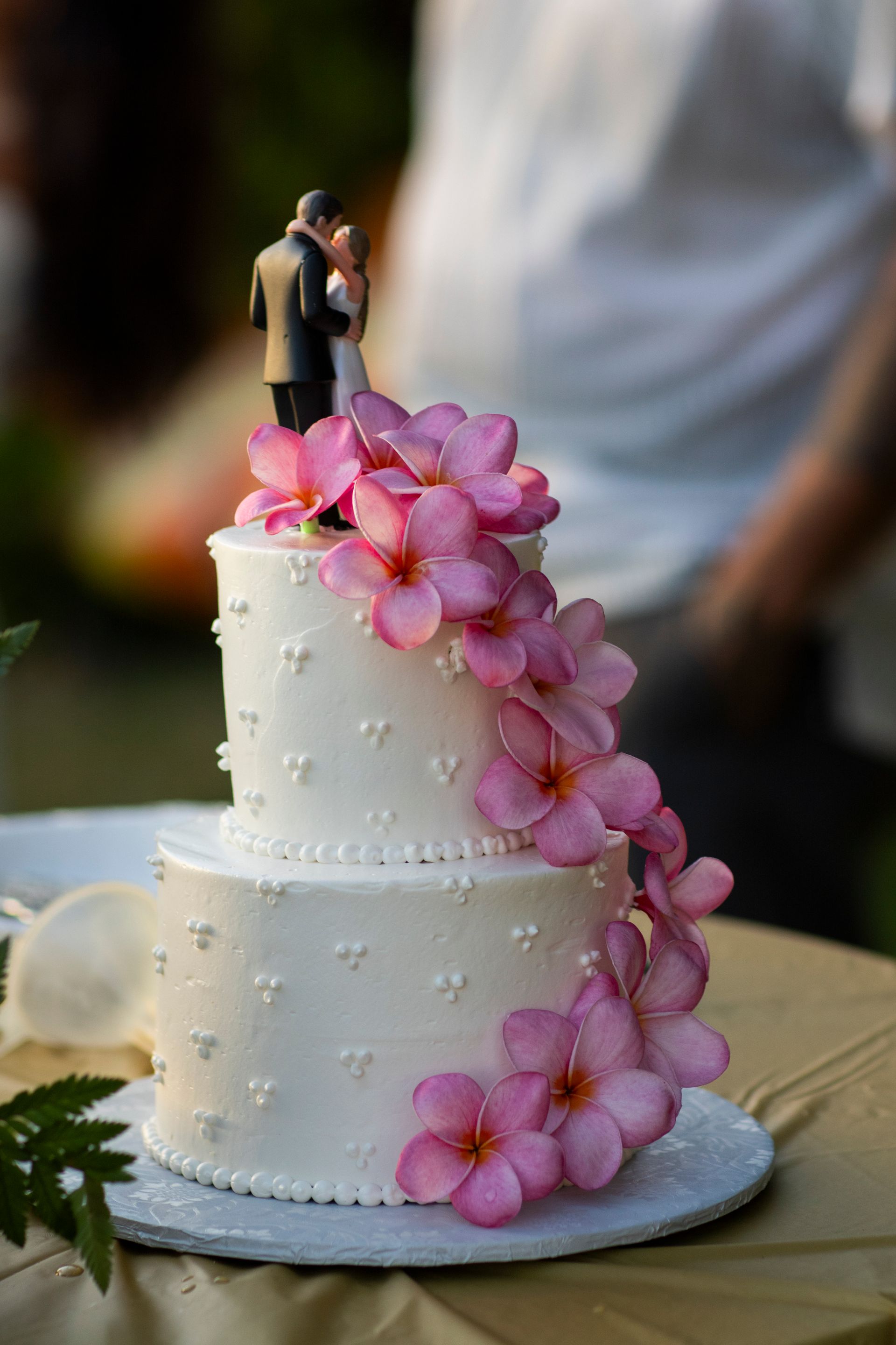 Two-tiered white wedding cake with pink flowers cascading down; couple figurine on top.