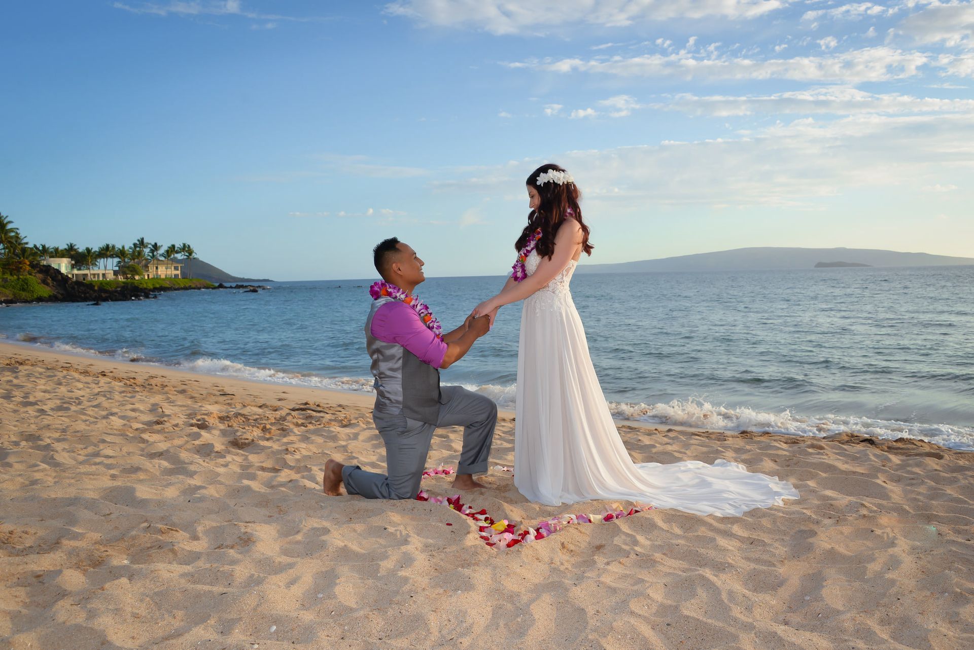 Man kneeling on a beach, proposing to woman. They hold hands, surrounded by petals; ocean and sky in background.