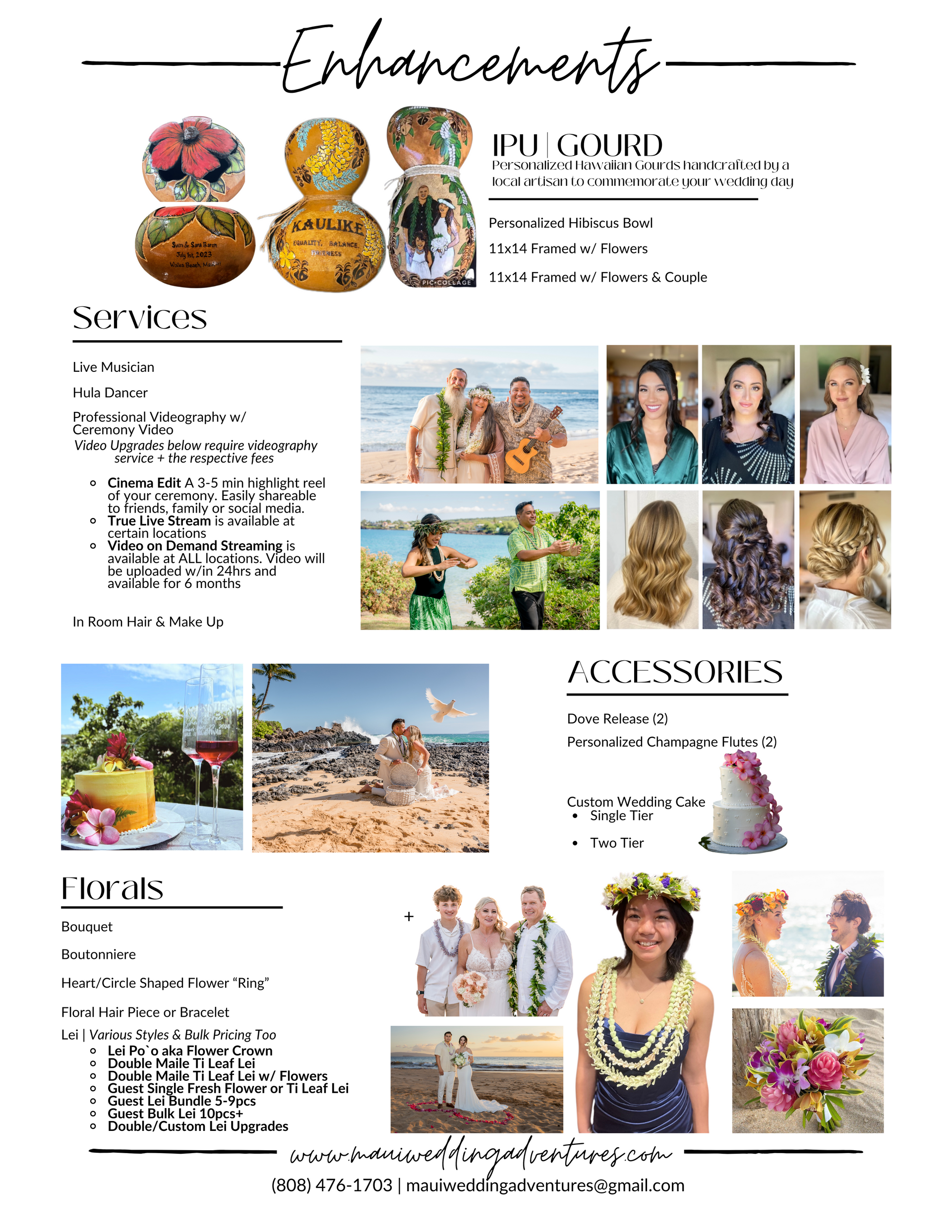 Wedding enhancements menu with photos: bouquets, leis, hair, accessories, decor, and sand ceremony options.