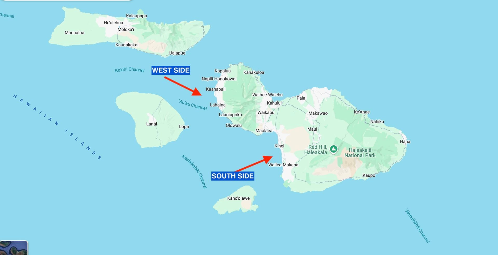 Map of Hawaiian islands of Maui and Molokai, with arrows pointing to North 08 and South 08.