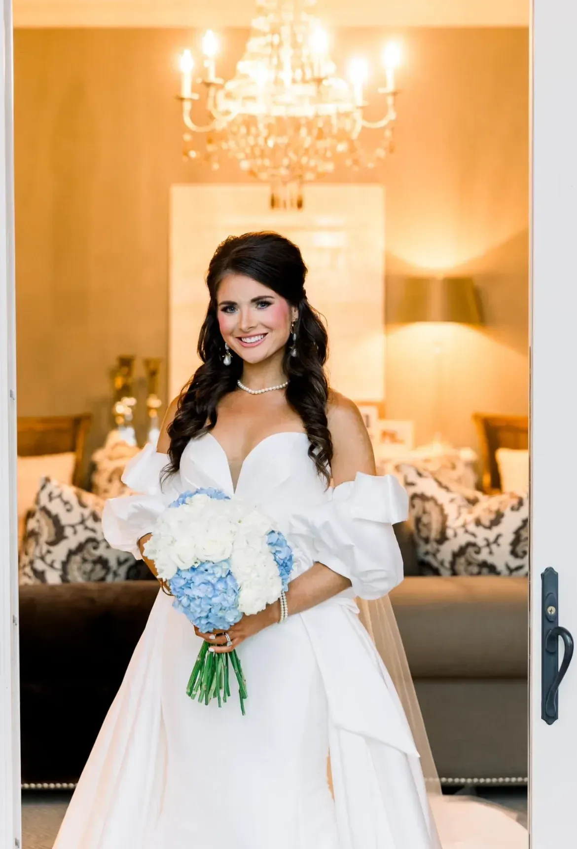 blue and white hydrangea bridal bouquet