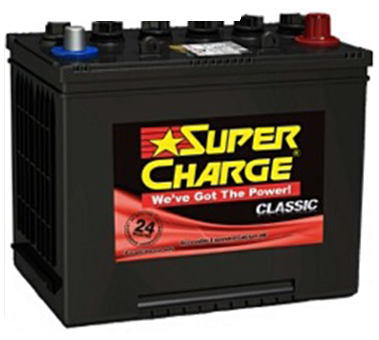 Black Super Charge car battery with red and blue terminals on white background