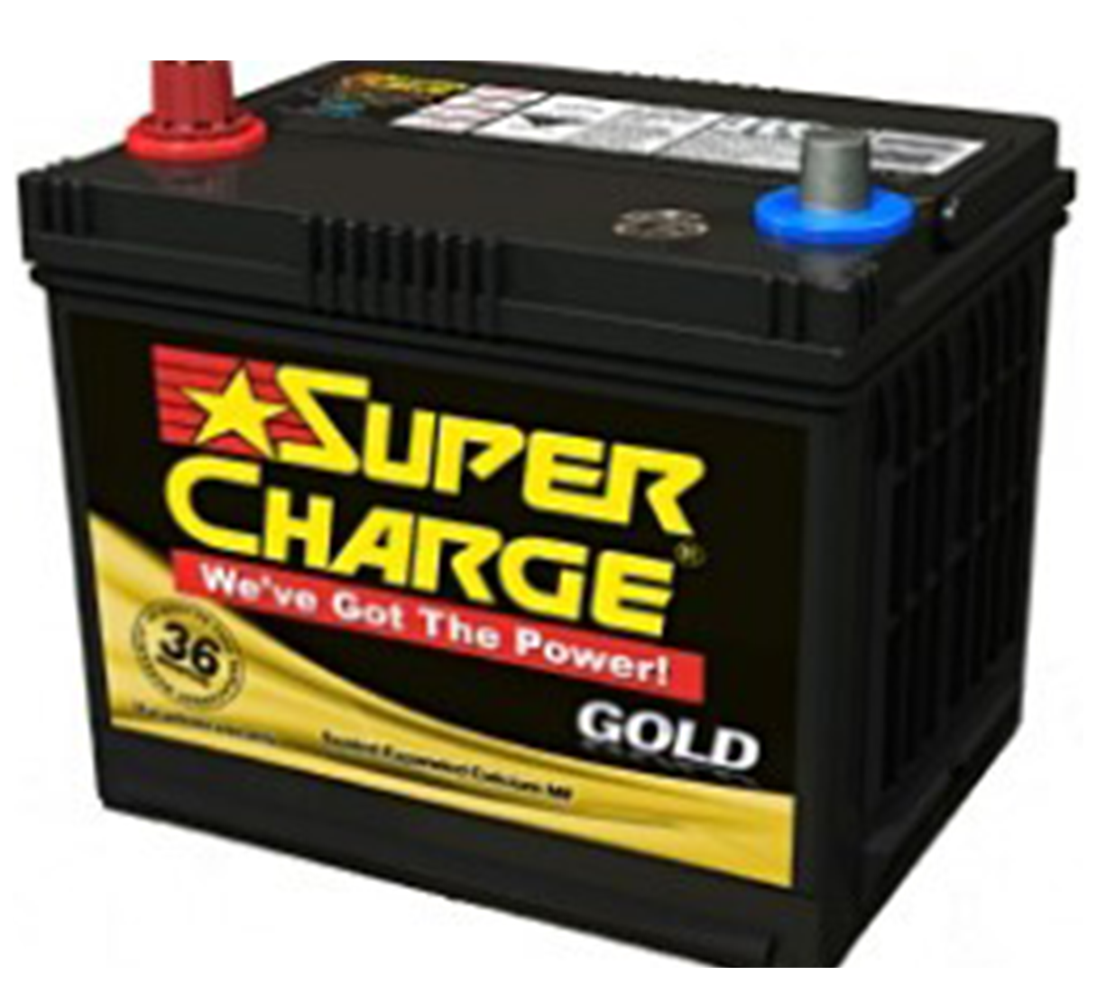 Black Super Charge car battery with red and blue terminals and yellow logo on a white background
