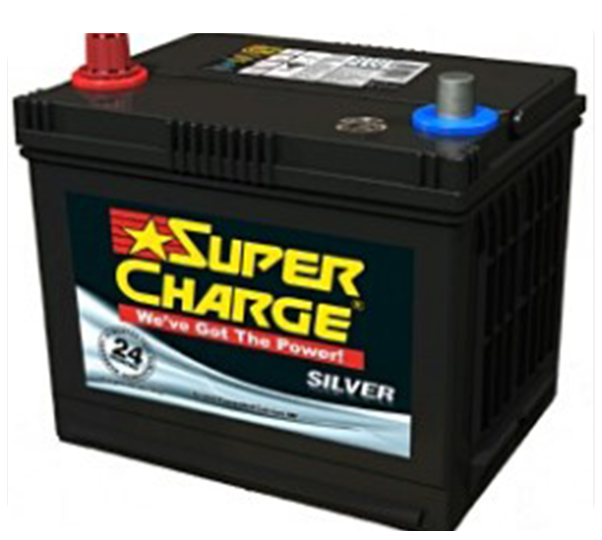 Black Super Charge car battery with red and blue terminals and yellow logo on a black background