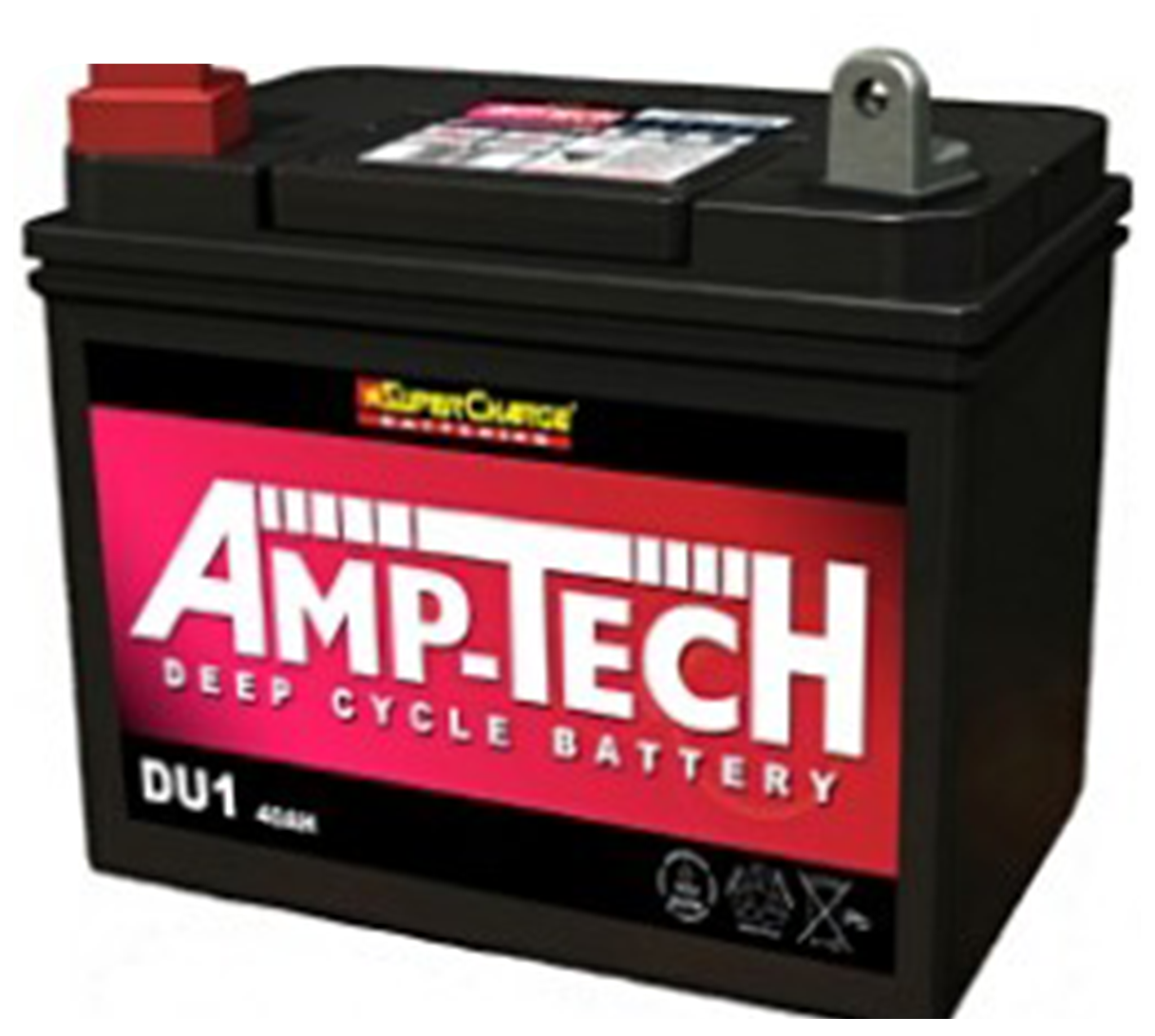 AMP-TECH deep cycle battery, black with red accents, shown on a white background
